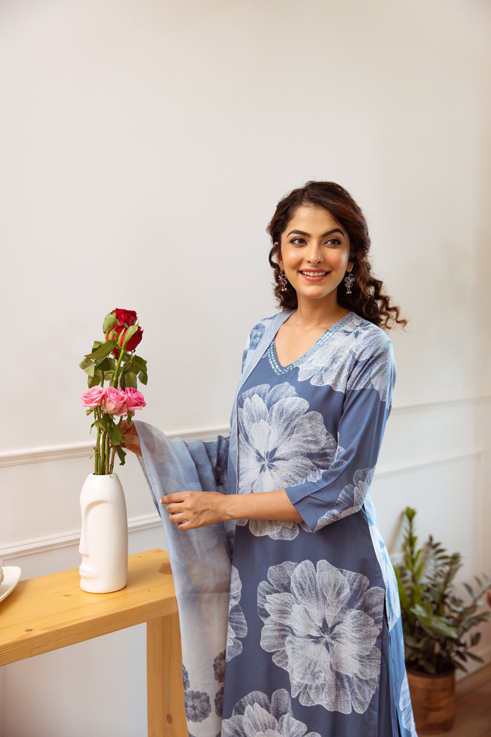 Women's Air Force Blue Rayon Kurta, Palazzo & Dupatta Set - Shop authentic Indian Women's Fashion by Nehamta