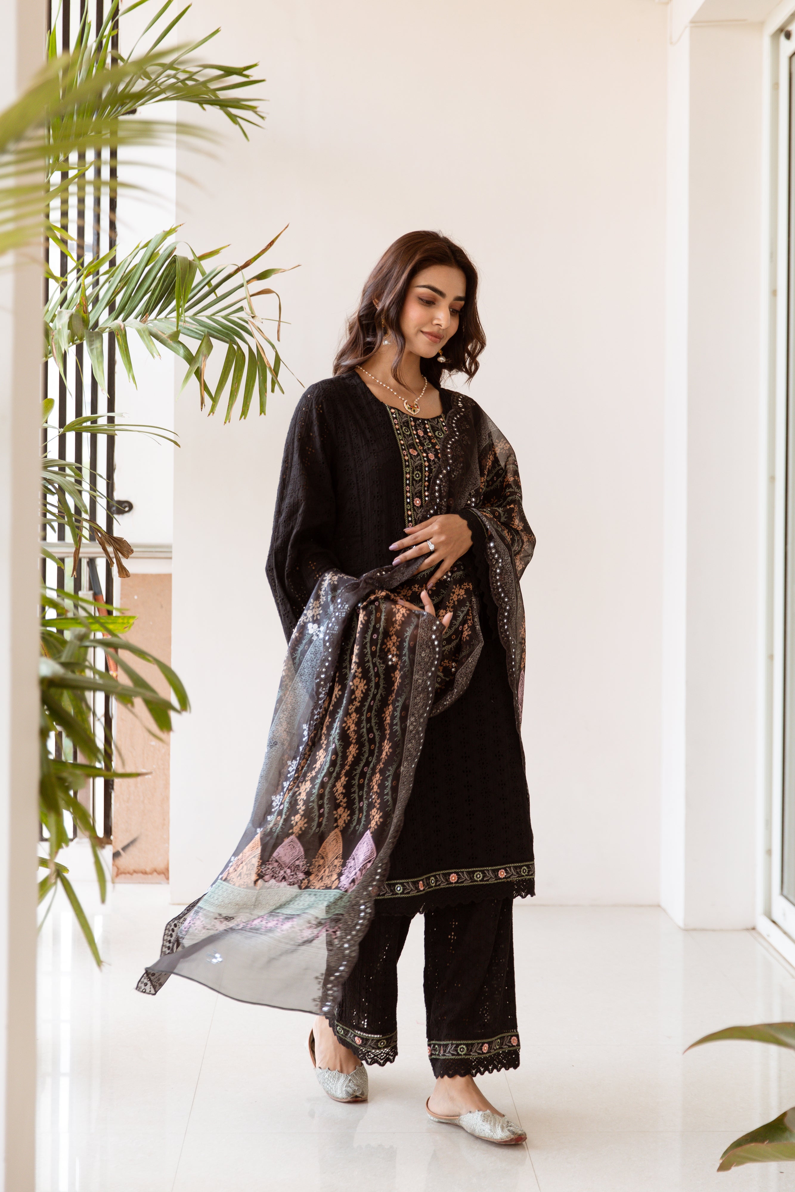 Women's Black Cotton Kurta, Palazzo & Dupatta Set - Shop authentic Indian Women's Fashion by Nehamta