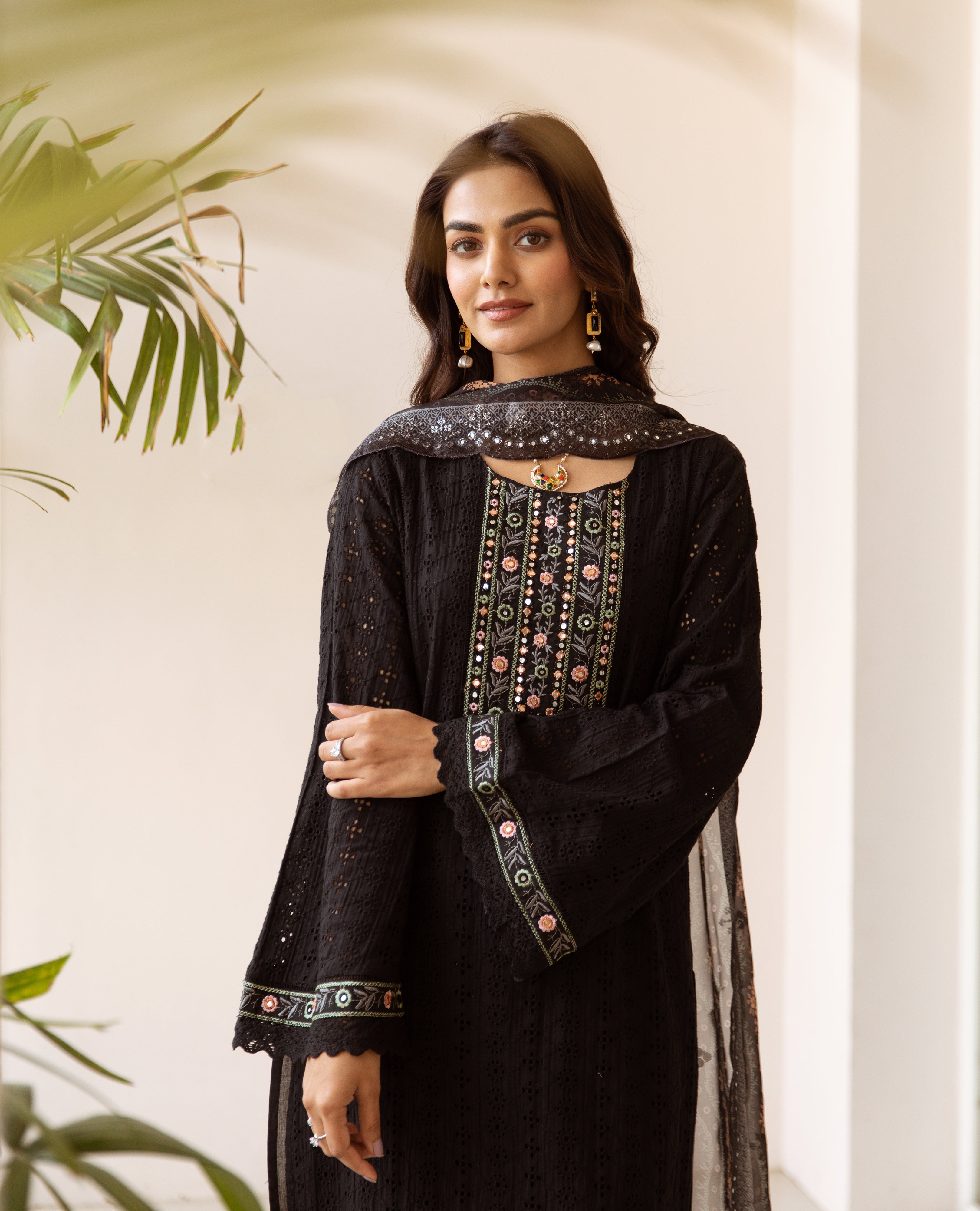 Women's Black Cotton Kurta, Palazzo & Dupatta Set - Shop authentic Indian Women's Fashion by Nehamta