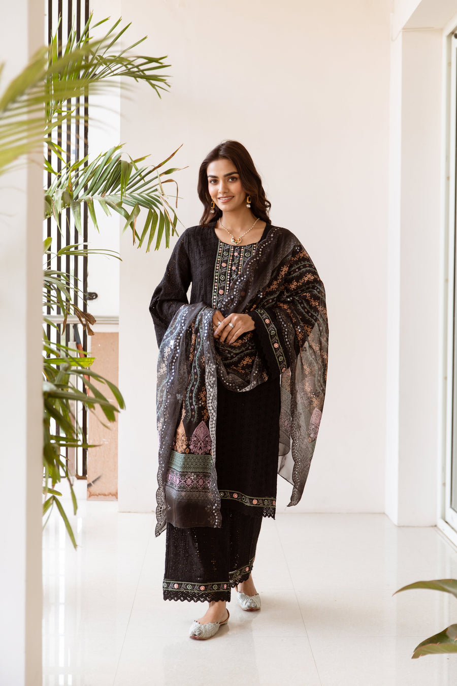 Women's Black Cotton Kurta, Palazzo & Dupatta Set - Shop authentic Indian Women's Fashion by Nehamta