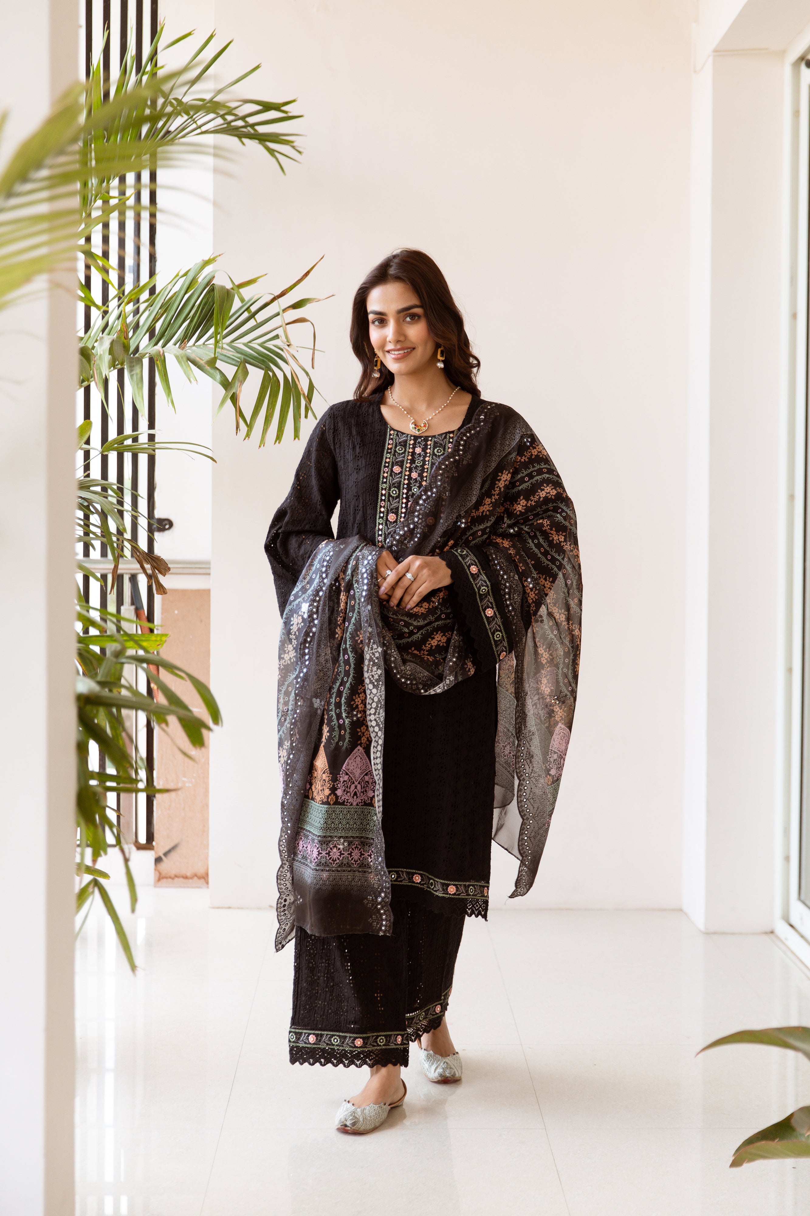 Women's Black Cotton Kurta, Palazzo & Dupatta Set - Shop authentic Indian Women's Fashion by Nehamta