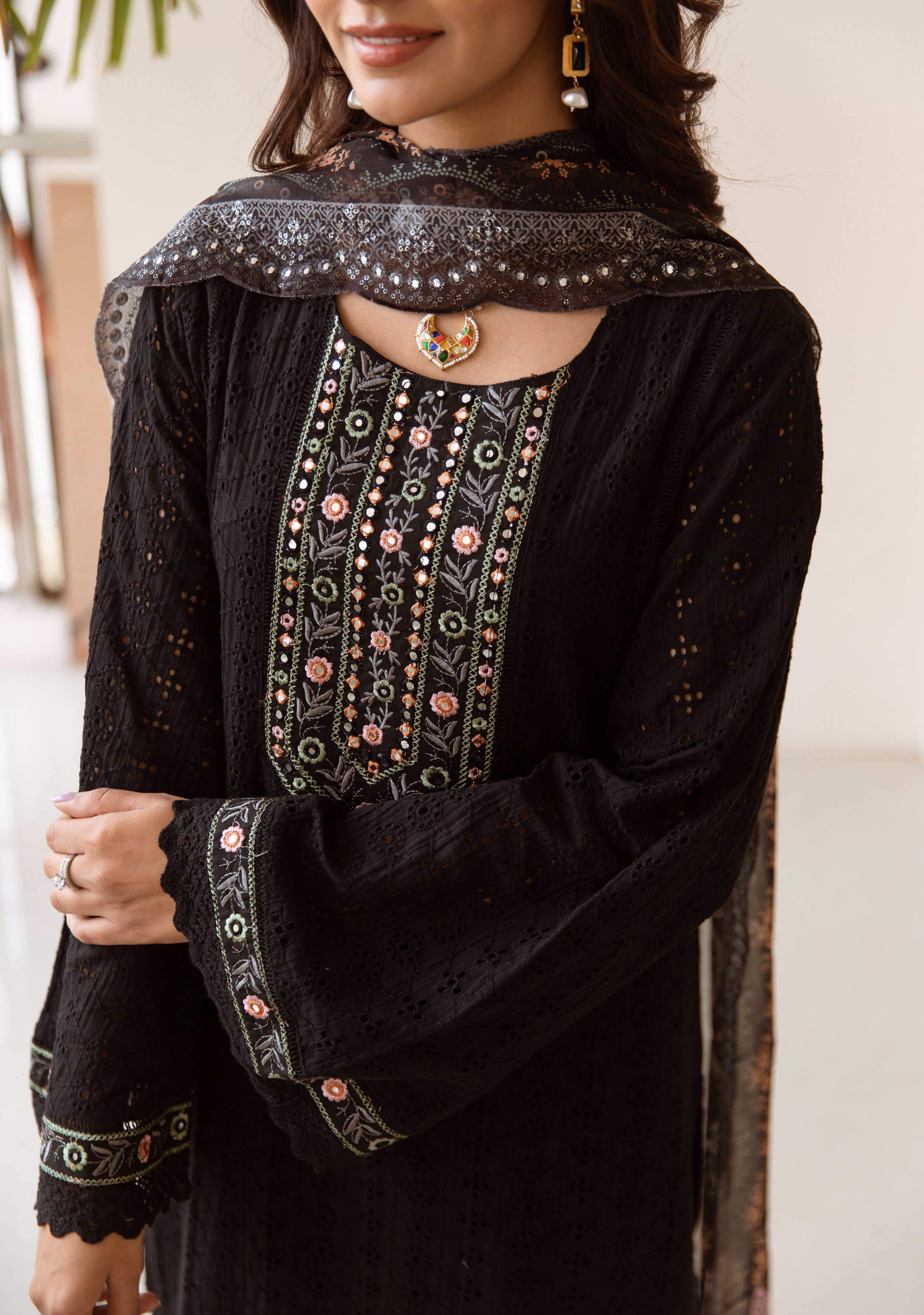 Women's Black Cotton Kurta, Palazzo & Dupatta Set - Shop authentic Indian Women's Fashion by Nehamta