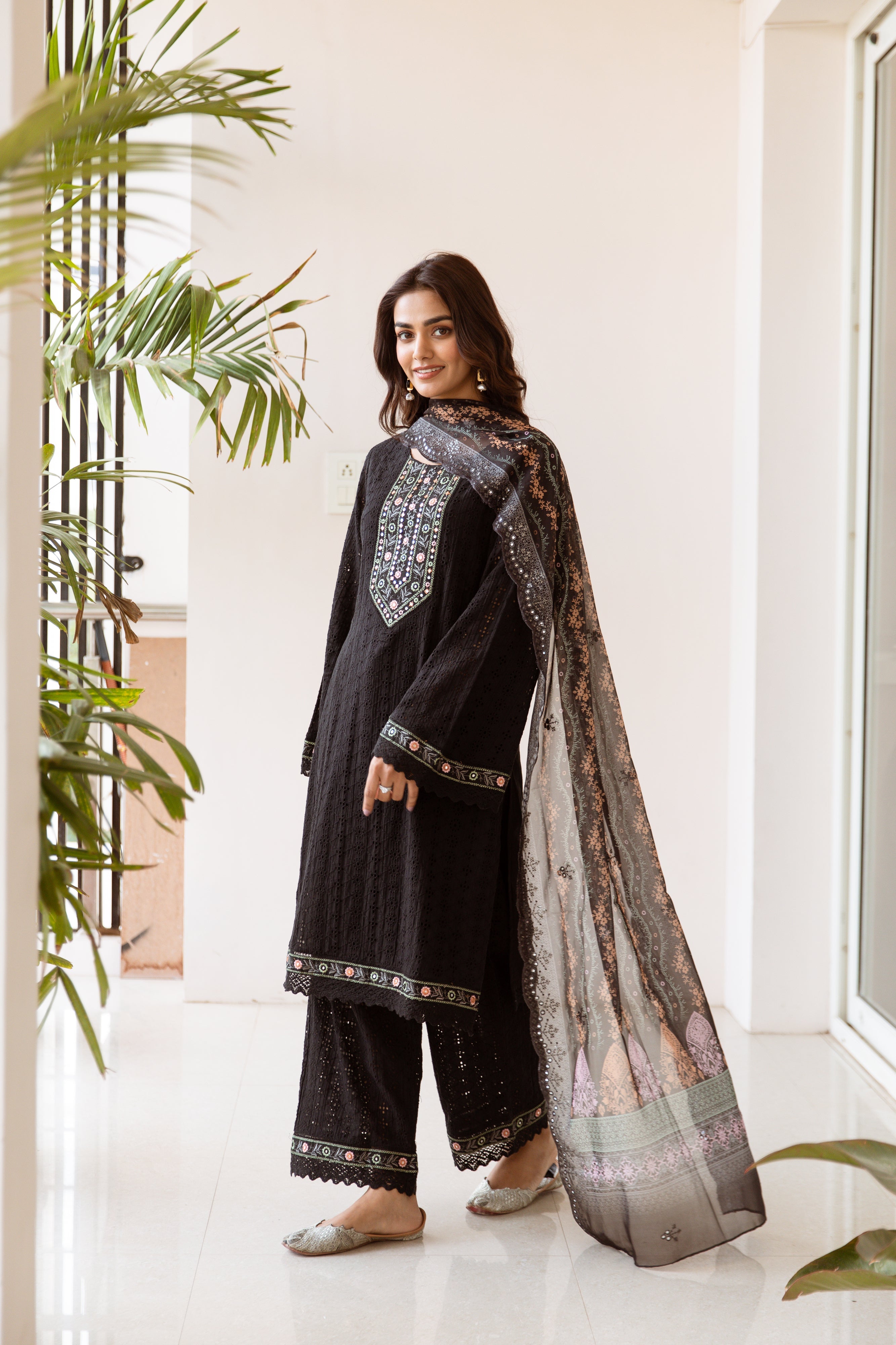 Women's Black Cotton Kurta, Palazzo & Dupatta Set - Shop authentic Indian Women's Fashion by Nehamta