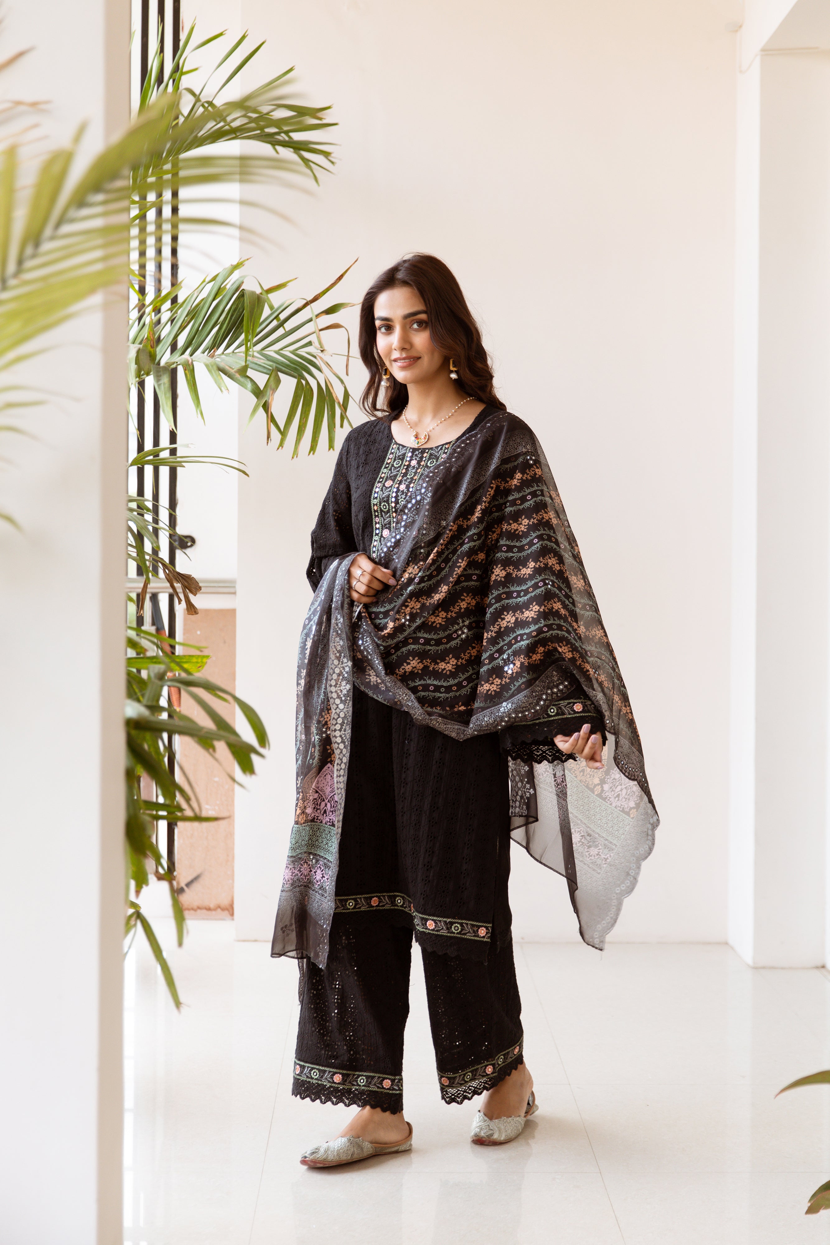 Women's Black Cotton Kurta, Palazzo & Dupatta Set - Shop authentic Indian Women's Fashion by Nehamta