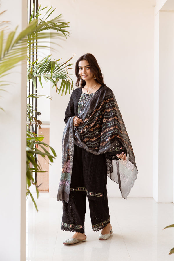 Women's Black Cotton Kurta, Palazzo & Dupatta Set - Shop authentic Indian Women's Fashion by Nehamta
