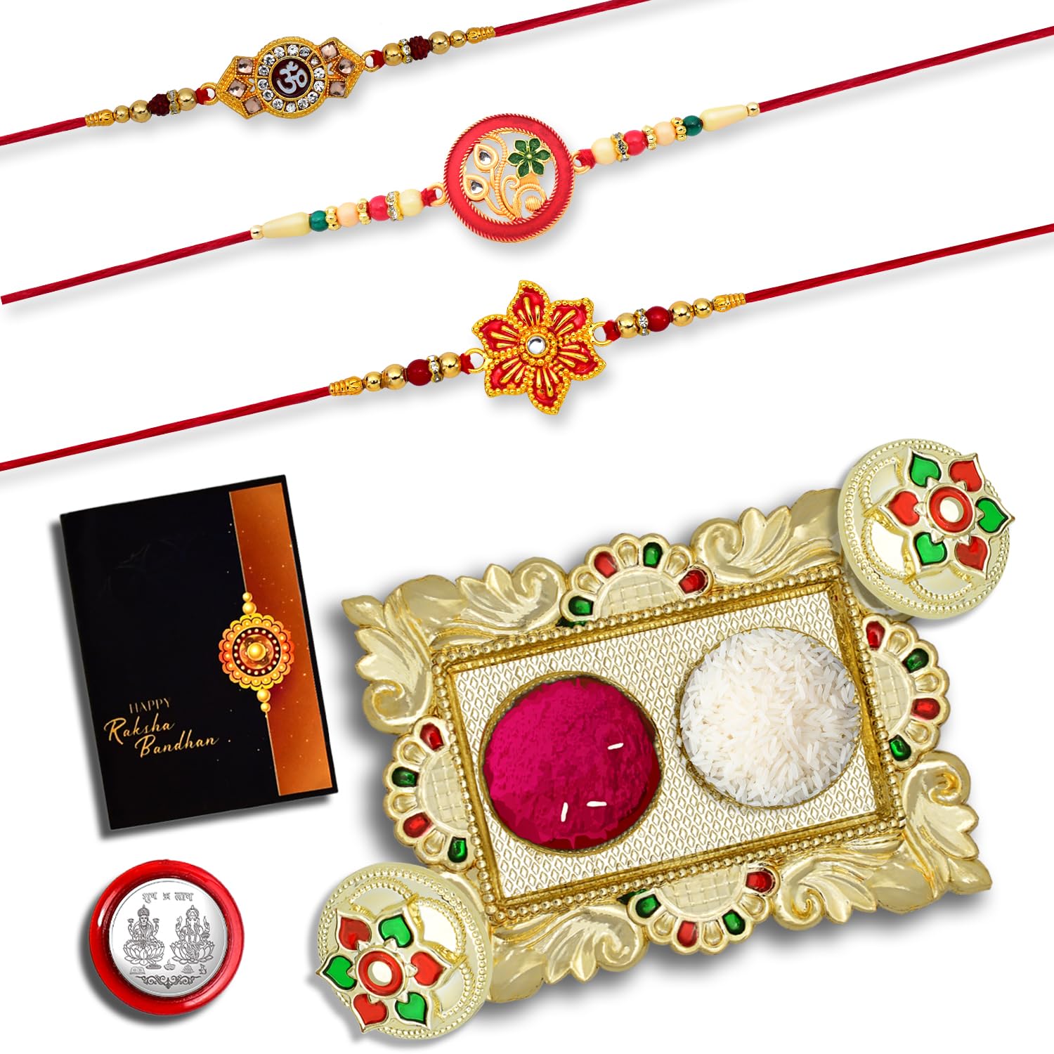 Coin Rakhi Buy Rakhi Combo with Pooja Coin, Gold Color Pooja Thali / Tilak Set ...