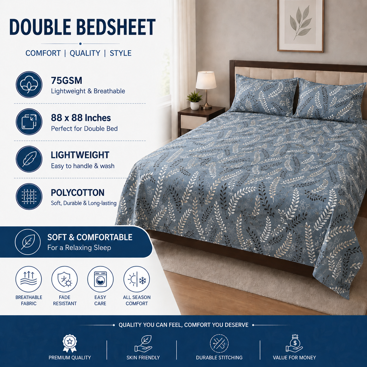 Poly-Cotton Double Bedsheet with 2 Pillow Covers (88x88 Inches, Lightweight 75 GSM, Soft & Durable)