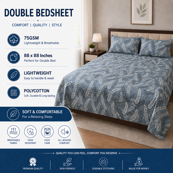Poly-Cotton Double Bedsheet with 2 Pillow Covers (88x88 Inches, Lightweight 75 GSM, Soft & Durable)