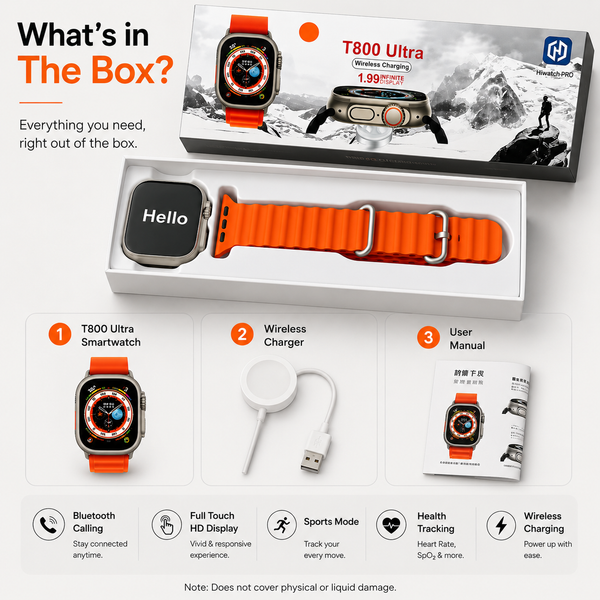 T-800 Ultra Smart Watch for Men & Women | Full Touch HD Display | Heart Rate & SpO₂ Monitor | Sports Mode | Wireless Charging | Smart Notifications | Android & iOS Compatible