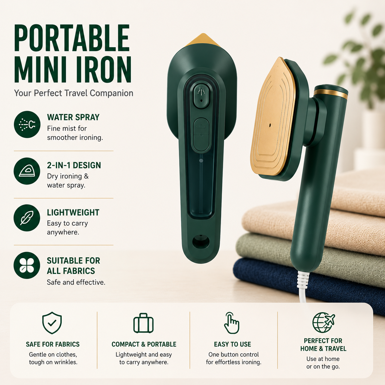 Mini Portable Iron for Clothes | Built-in Water Spray | Wet & Dry Ironing Machine for Home & Travel | Fast Heating Plate