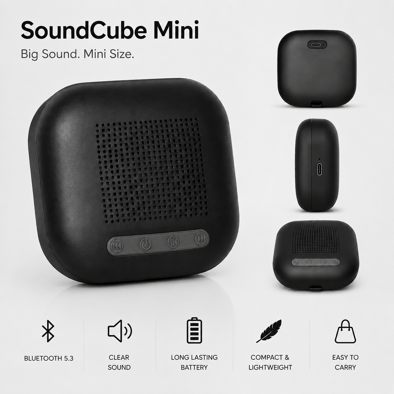 SoundCube Mini Wireless Bluetooth Speaker | 3W Clear Sound | 6+ Hours Playtime | Portable Compact Design | Easy Controls | Black
