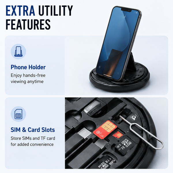 All in One 22.5W Multi-Purpose Fast Charging Data Cable Kit | Multifunctional Conversion Head | Portable Multi-Type Charging Connector - USB, TypeC & Lightning | Sim Storage with Sim Ejecting Pin | Mobile Stand | Blue & Black