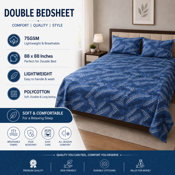 Soft Polycotton Double Bedsheet with 2 Pillow Covers – 88x88 Inches | Lightweight, Breathable & Durable for Daily Use