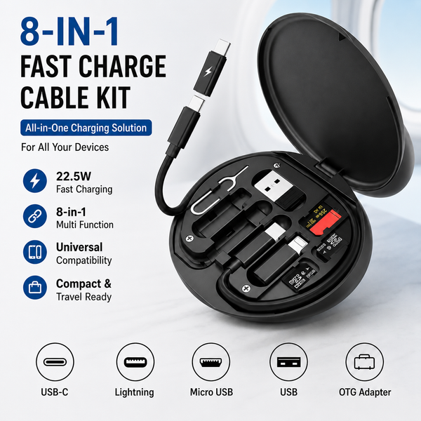 All in One 22.5W Multi-Purpose Fast Charging Data Cable Kit | Multifunctional Conversion Head | Portable Multi-Type Charging Connector - USB, TypeC & Lightning | Sim Storage with Sim Ejecting Pin | Mobile Stand | Blue & Black