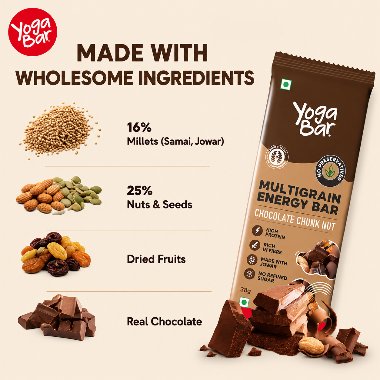 Yogabar Energy Bars Chocolate Chunk | Multigrain Energybar | Pack of 10 x 35g Energy Bars | No Preservatives