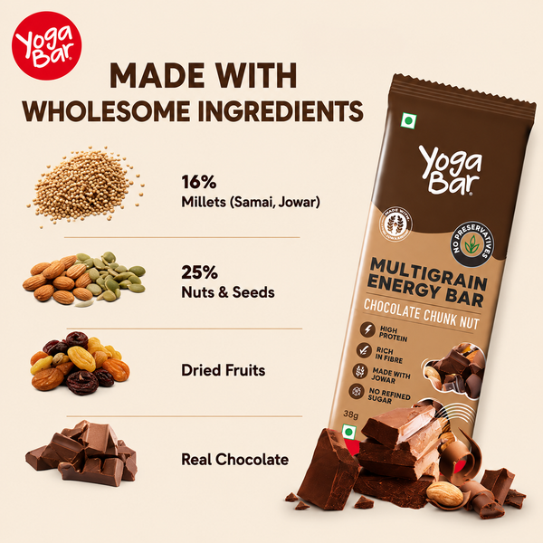 Yogabar Energy Bars Chocolate Chunk | Multigrain Energybar | Pack of 10 x 35g Energy Bars | No Preservatives