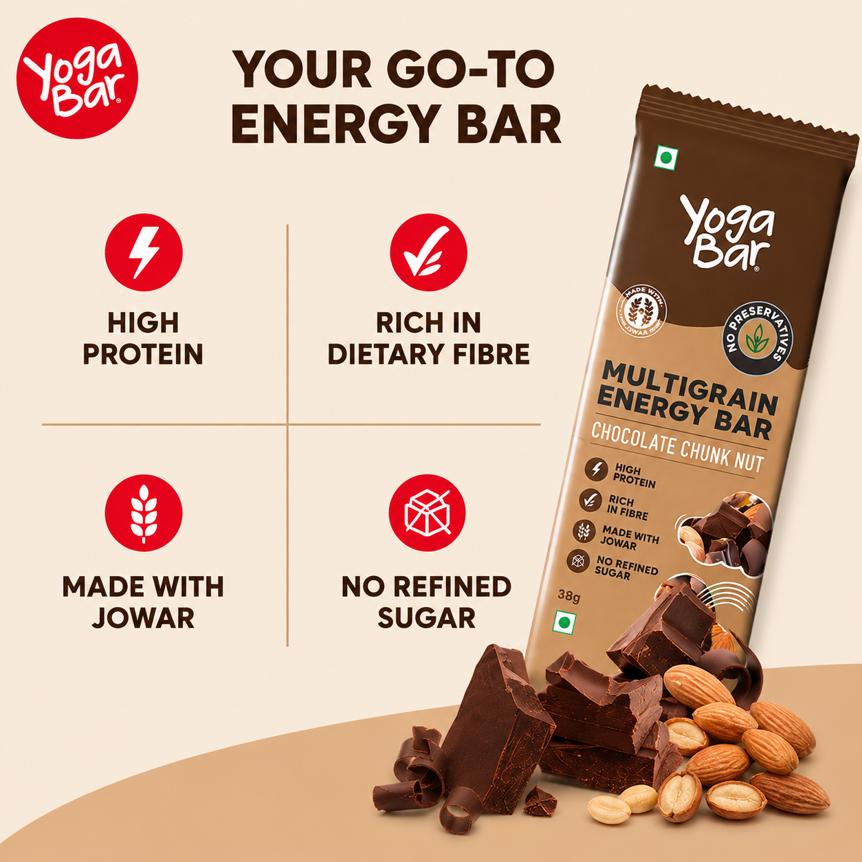 Yogabar Energy Bars Chocolate Chunk | Multigrain Energybar | Pack of 10 x 35g Energy Bars | No Preservatives