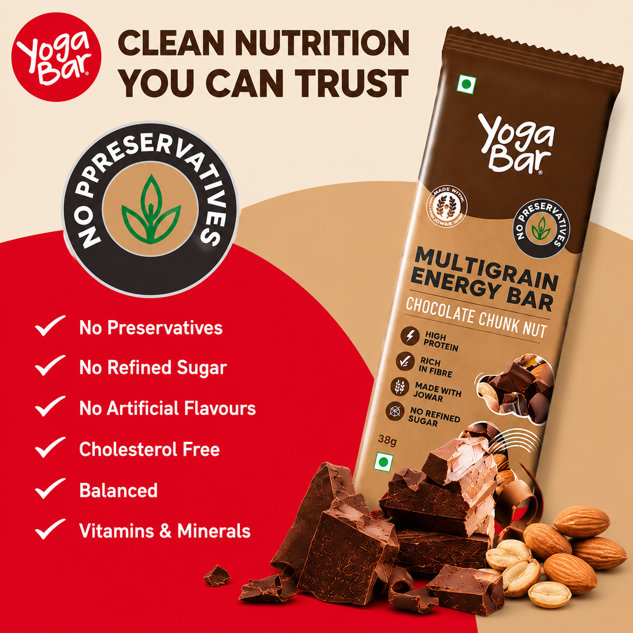 Yogabar Energy Bars Chocolate Chunk | Multigrain Energybar | Pack of 10 x 35g Energy Bars | No Preservatives