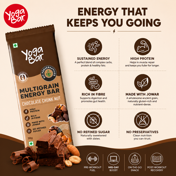 Yogabar Energy Bars Chocolate Chunk | Multigrain Energybar | Pack of 10 x 35g Energy Bars | No Preservatives