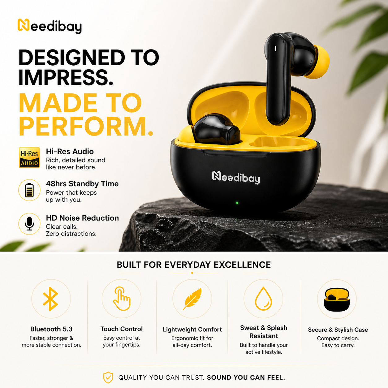Needibay Wireless Earbuds | Hi-Resolution Sound, 48 Hours Playtime, Bluetooth 5.3, Noise Reduction, Lightweight & Sweatproof
