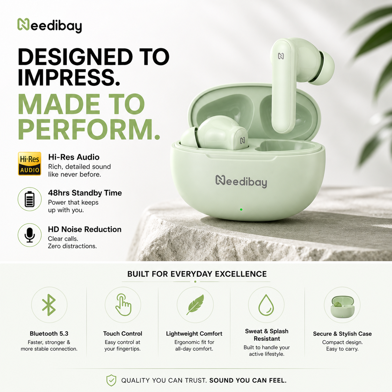 Needibay Wireless Earbuds | Hi-Resolution Sound, 48 Hours Playtime, Bluetooth 5.3, Noise Reduction, Lightweight & Sweatproof