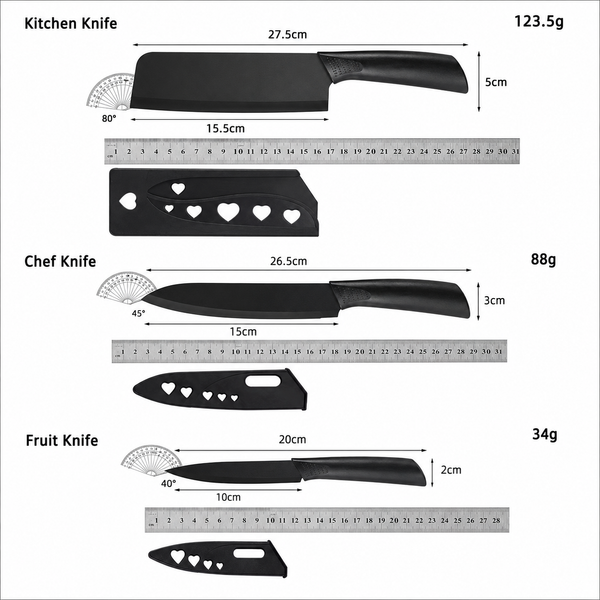 3-Piece Multipurpose Knife Set with Sheaths – Kitchen, Chef, and Fruit Knives
