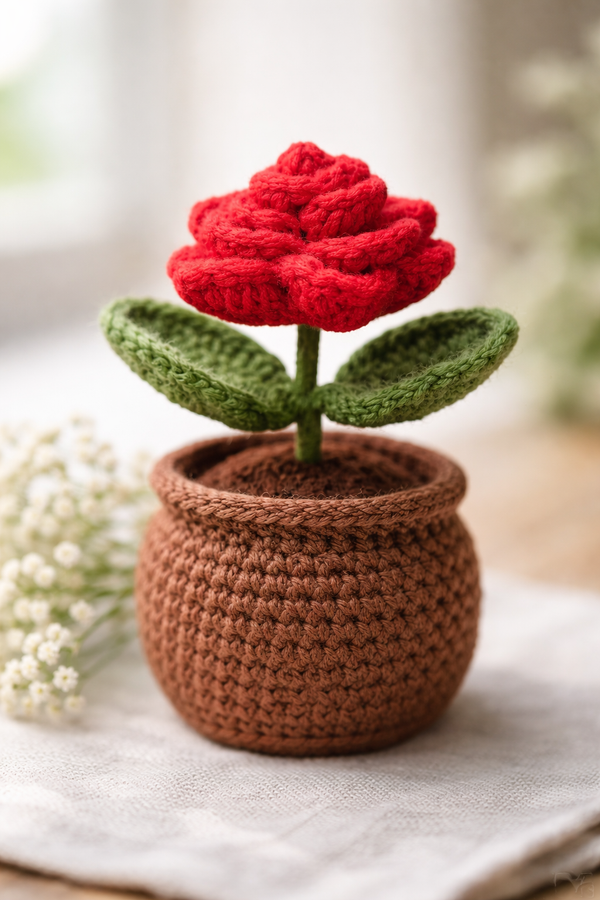Crochet Handmade Red Rose Pot