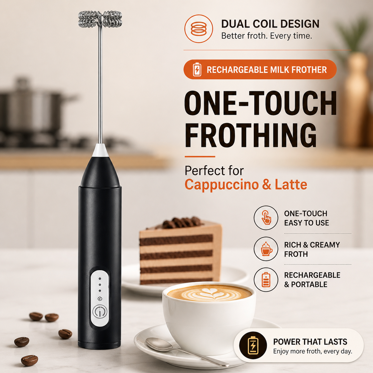 Rechargeable Electric Milk Frother with Turbo Speed | 1-Hour Continuous Whisking | Café-Style Foam at Home | USB Rechargeable