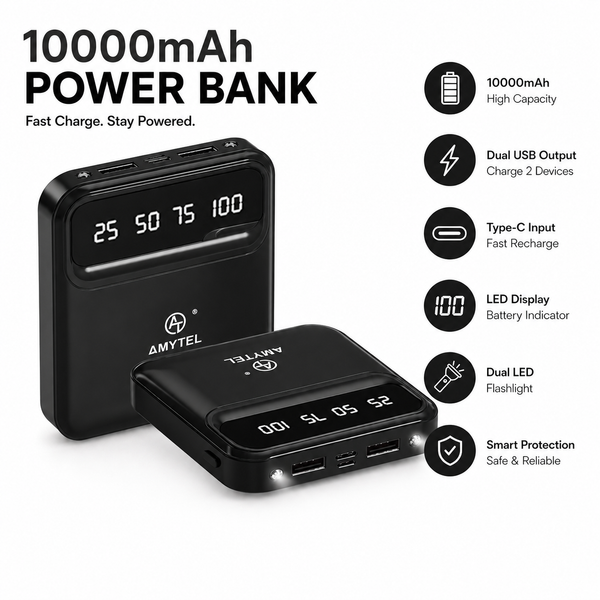 AMYTEL 10000mAh 18W Fast Charging Compact Power Bank Compact Design • Fast Charging • 6 Months Warranty
