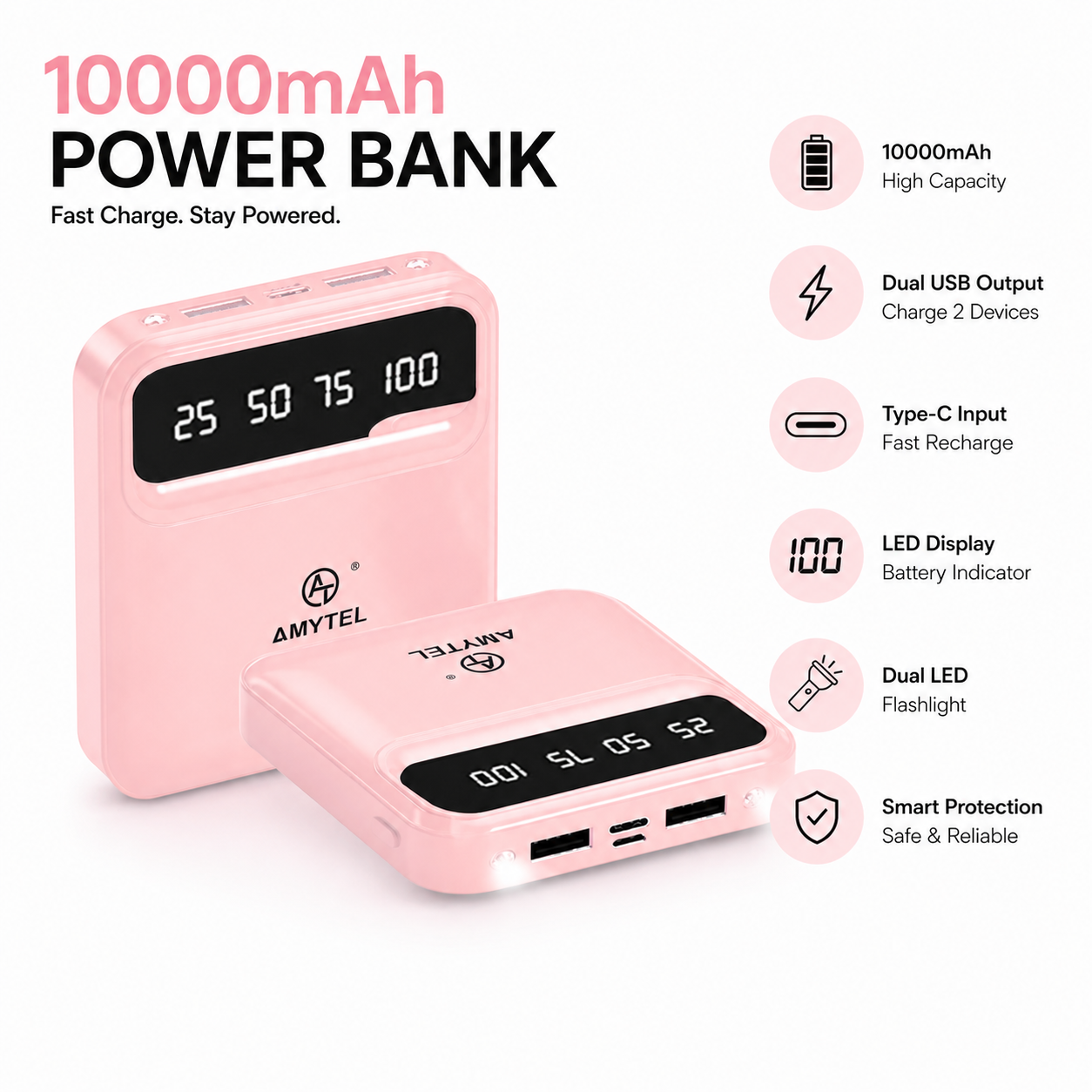AMYTEL 10000mAh 18W Fast Charging Compact Power Bank Compact Design • Fast Charging • 6 Months Warranty