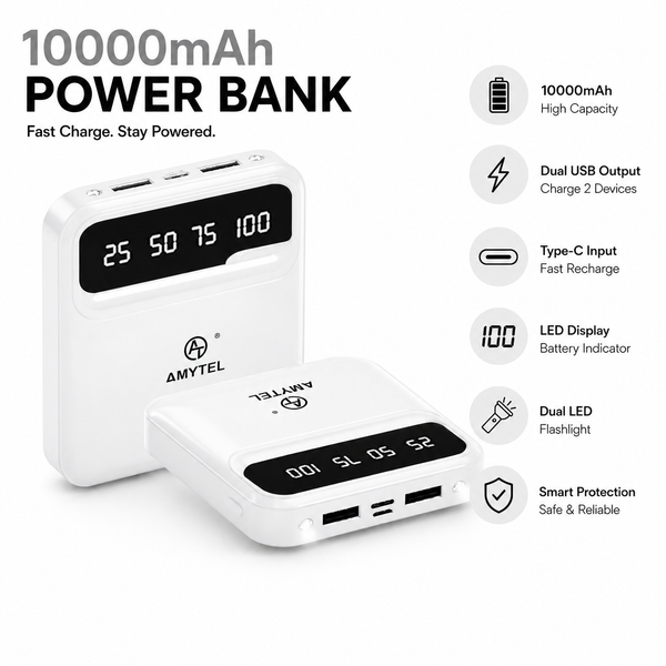 AMYTEL 10000mAh 18W Fast Charging Compact Power Bank Compact Design • Fast Charging • 6 Months Warranty