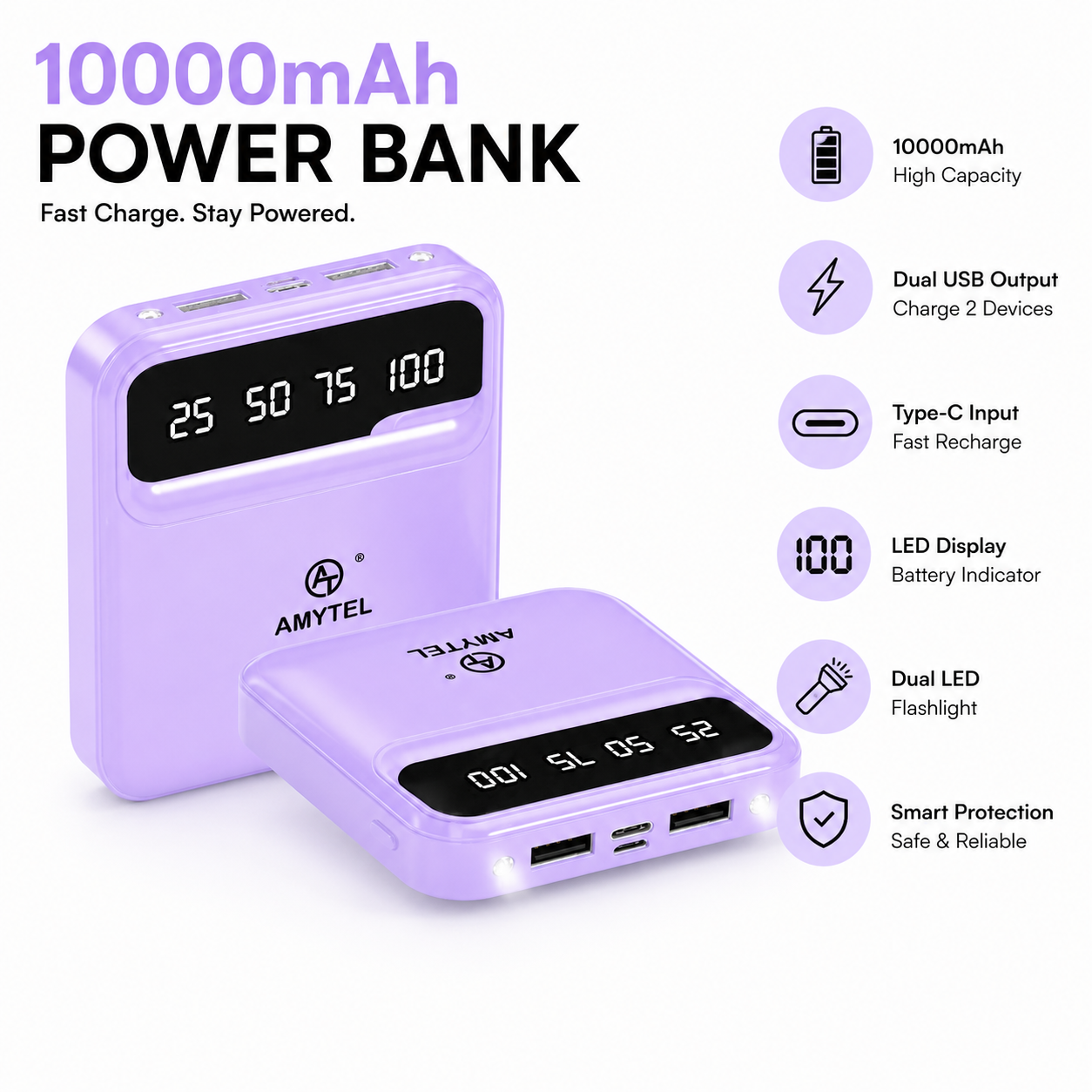 AMYTEL 10000mAh 18W Fast Charging Compact Power Bank Compact Design • Fast Charging • 6 Months Warranty