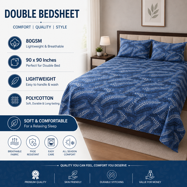 Premium Cotton Double Bedsheet with 2 Pillow Covers (90x90 Inches, Lightweight 80 GSM, Soft & Durable)