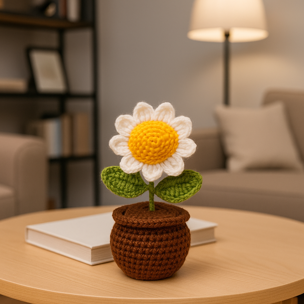 Crochet Handmade White Sunflower Pot
