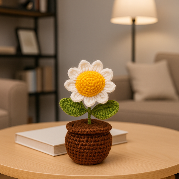 Crochet Handmade White Sunflower Pot