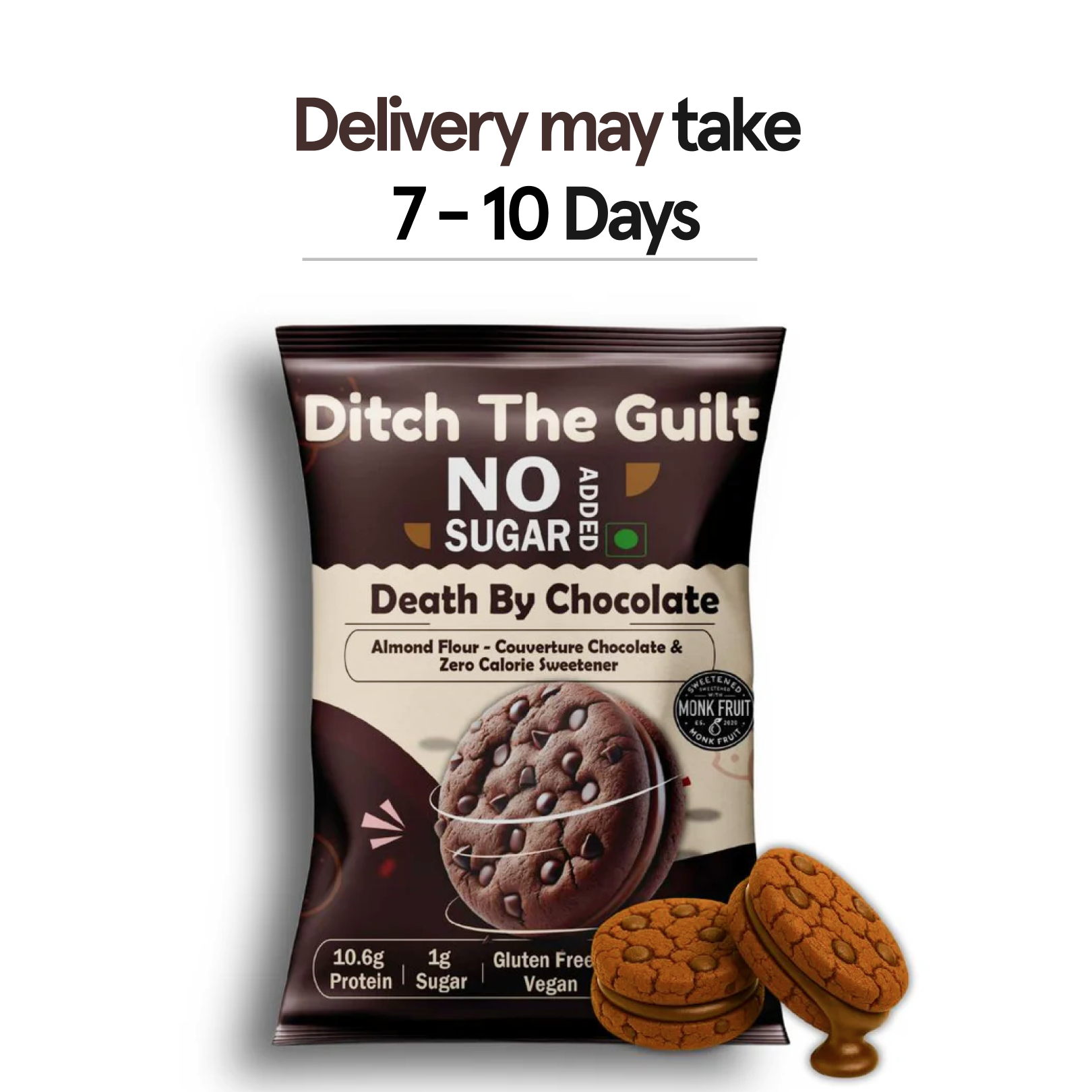 Death By Chocolate - Zero Sugar Cookies - Sattu Flour - 10g Protein I 2g Natural Sugar -  No Processed Protein - Low Net Carbs - 60g