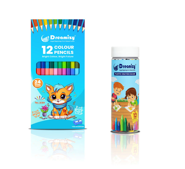 Dual Colour Pencils - 12 Pencils | 24 Shades with Sharpener & 12 Colours Plastic Crayons (Combo pack of 2 set - Multicolours)