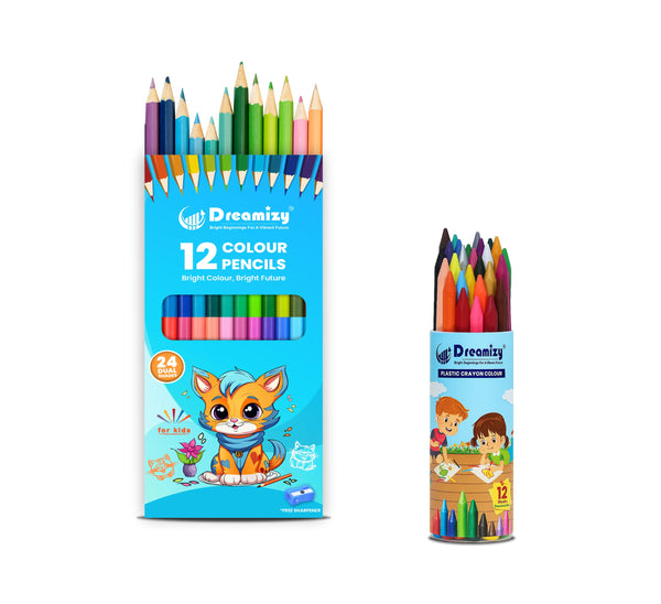Dual Colour Pencils - 12 Pencils | 24 Shades with Sharpener & 12 Colours Plastic Crayons (Combo pack of 2 set - Multicolours)