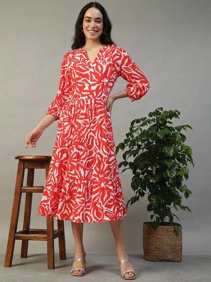 Special Red Floral Print 3/4 Length Sleeves Women Dress