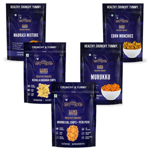 Murukku, Banana Chips, Madras Mixture, Corn Munchies, Moong Dal Chips pack of 5