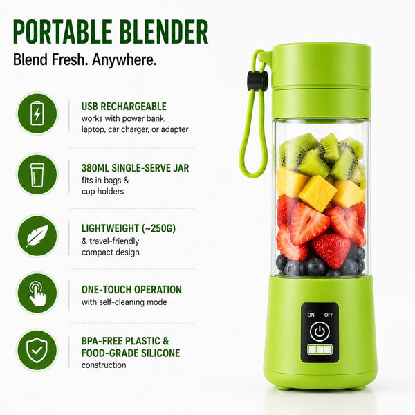Multi Blade Mini Juicer & Smoothie Maker – 380ML USB Rechargeable | Shakes, Juice & Protein | Lightweight for Travel | Assorted Colours