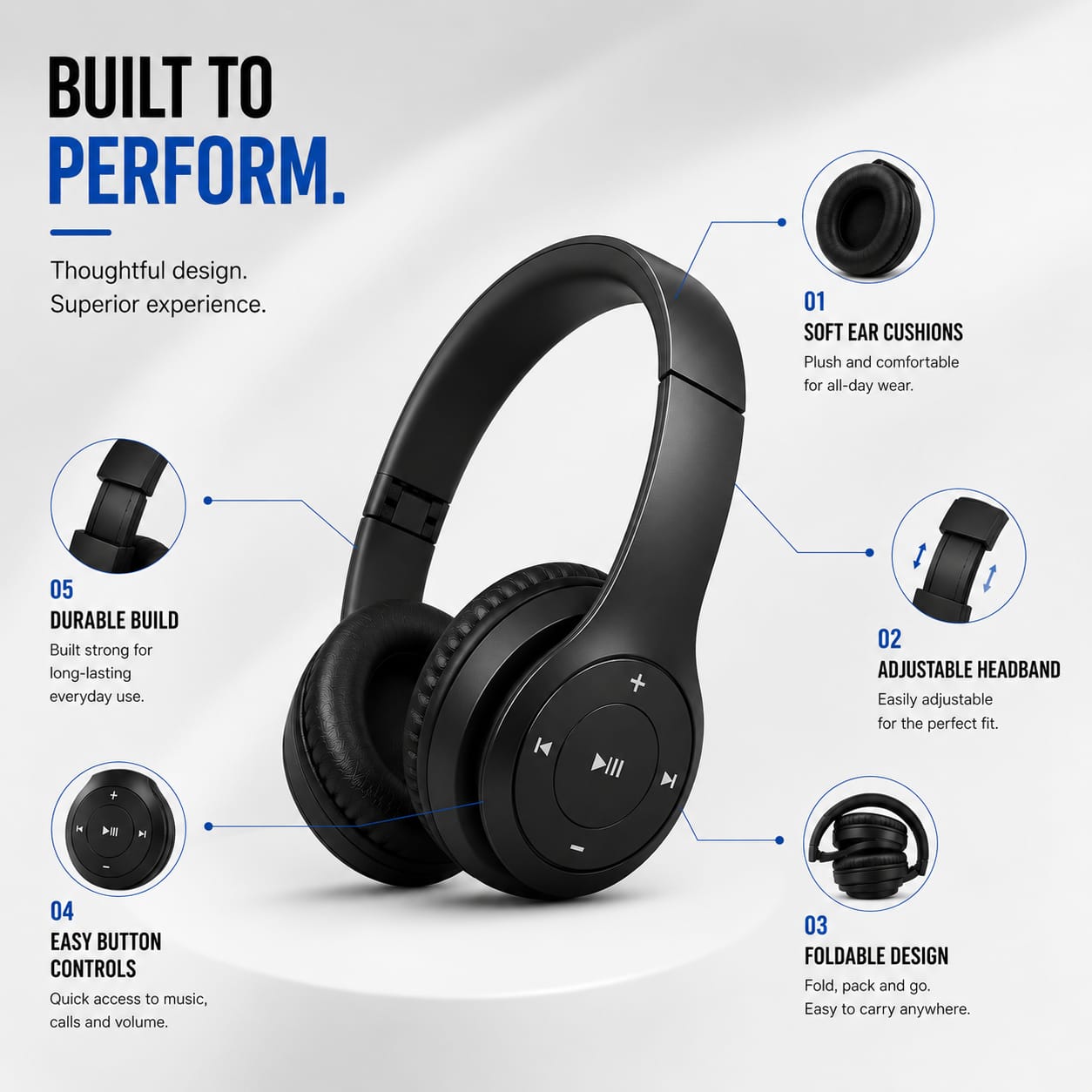 Foldable Wireless Bluetooth Headphones with HD Mic | Deep Bass Stereo Sound | Rechargeable Battery | On-Ear Controls | Comfortable Cushioned Design | Universal Device Compatibility | Color May Vary