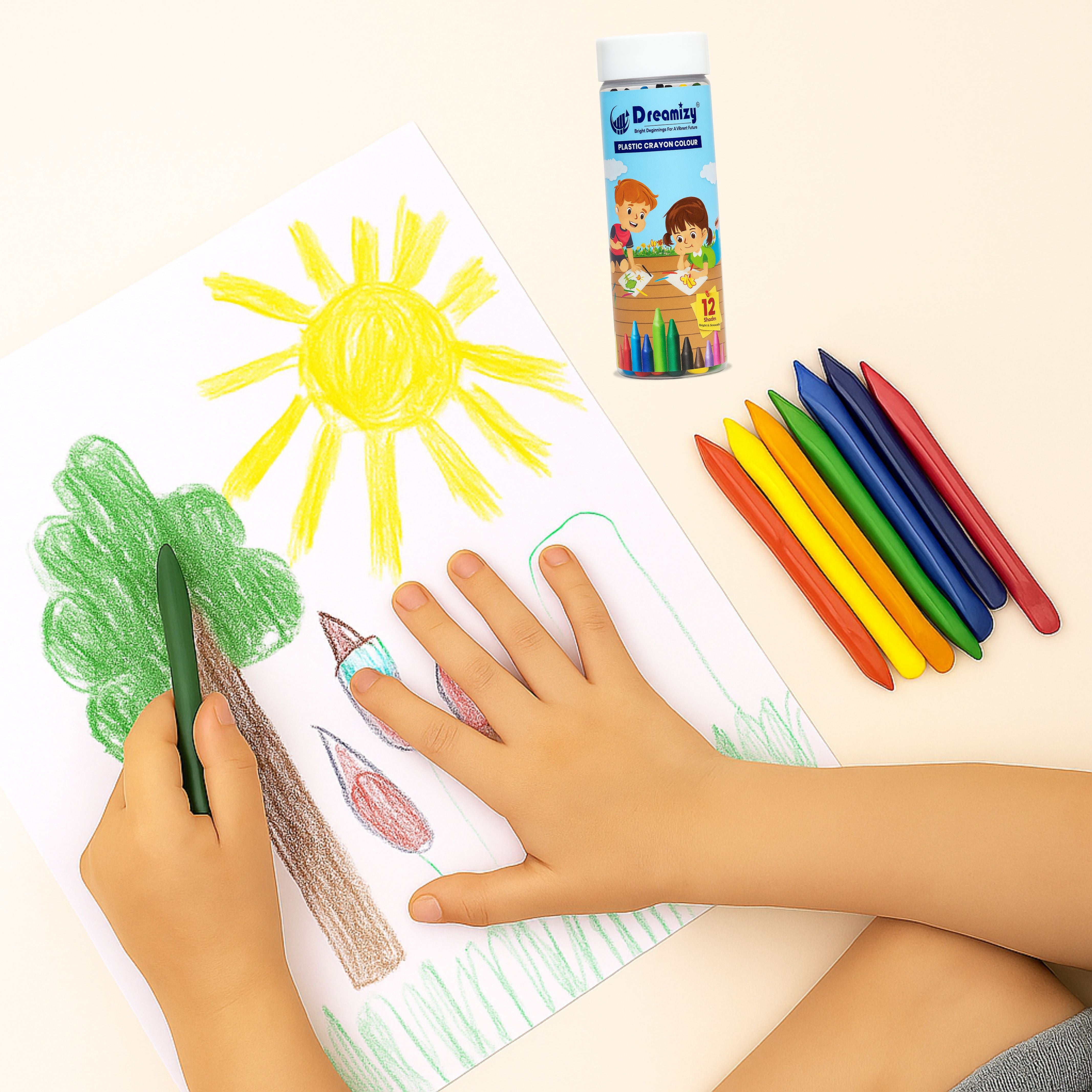 Non-Toxic Plastic Crayons, 12 Shades, Multicolour, Washable