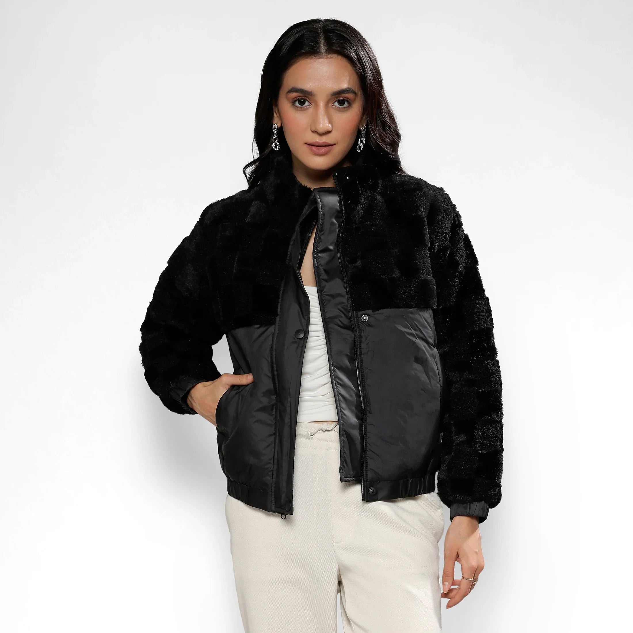 Buy Carbon Black Fleece Self-Design Buffalo Check Jacket in