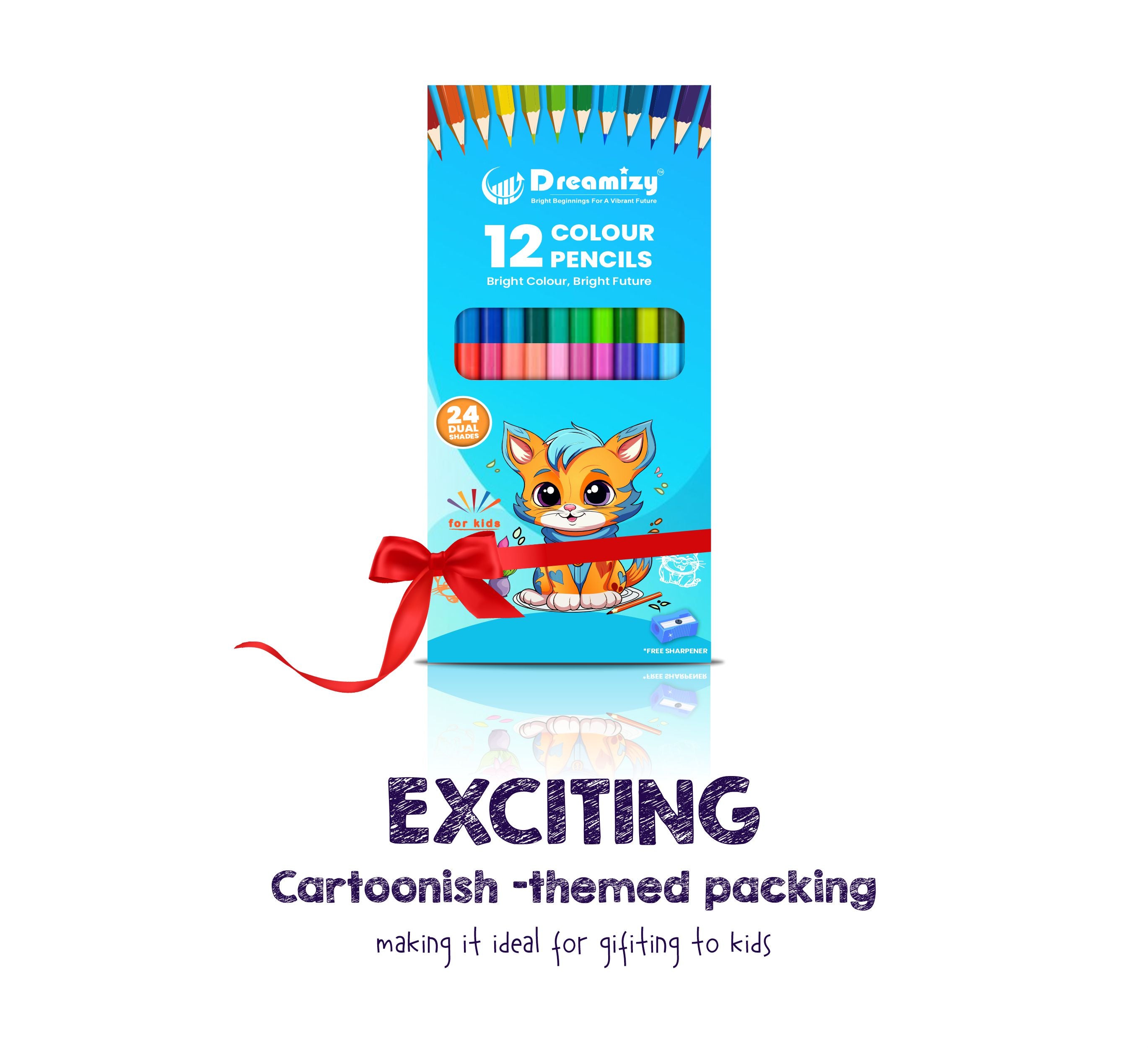 Dual Colour Pencils - 12 Pencils | 24 Shades with Sharpener | Long Wooden Colouring Pencils for Kids & Adults
