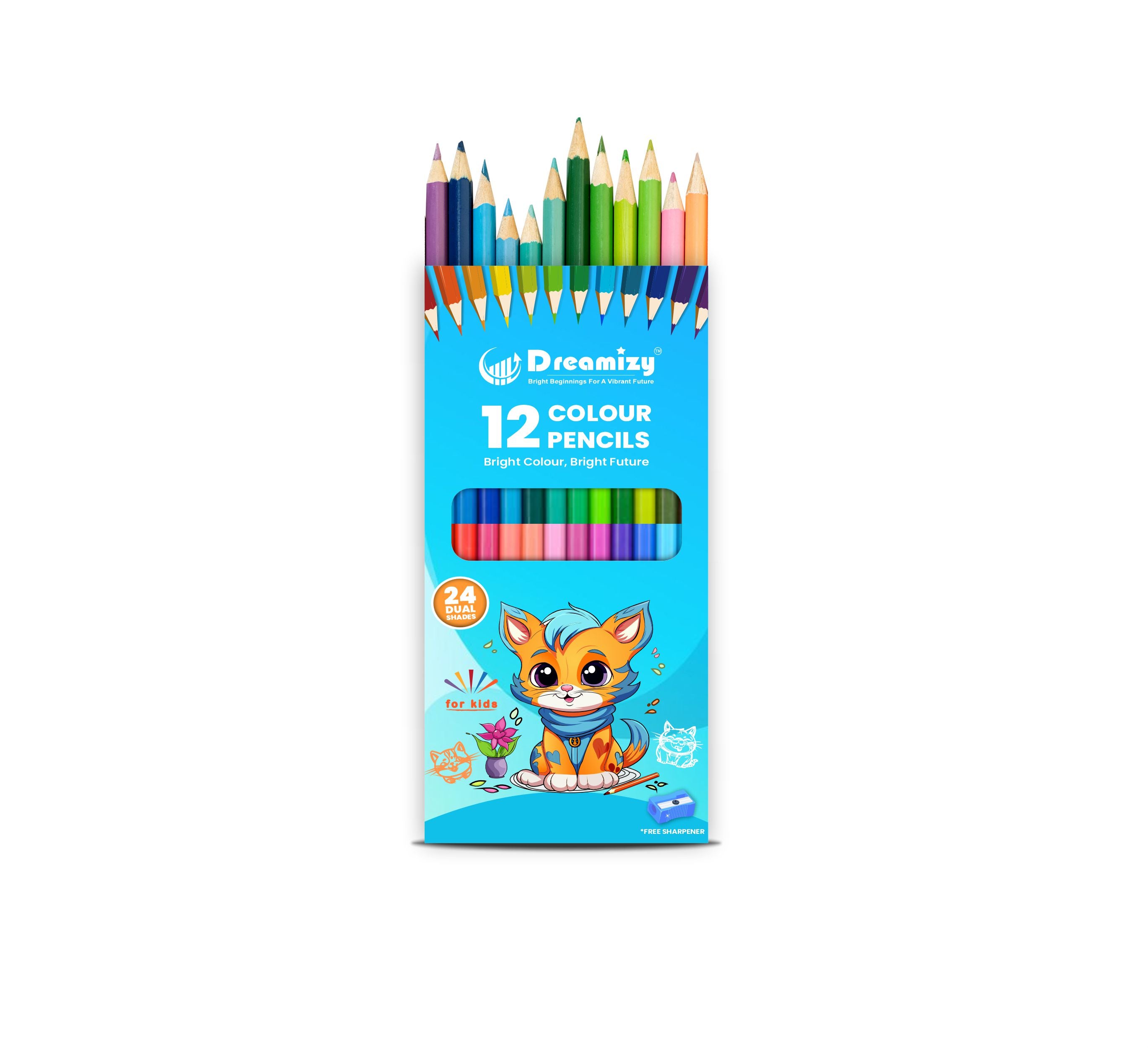 Dual Colour Pencils - 12 Pencils | 24 Shades with Sharpener & 12 Colours Plastic Crayons (Combo pack of 2 set - Multicolours)