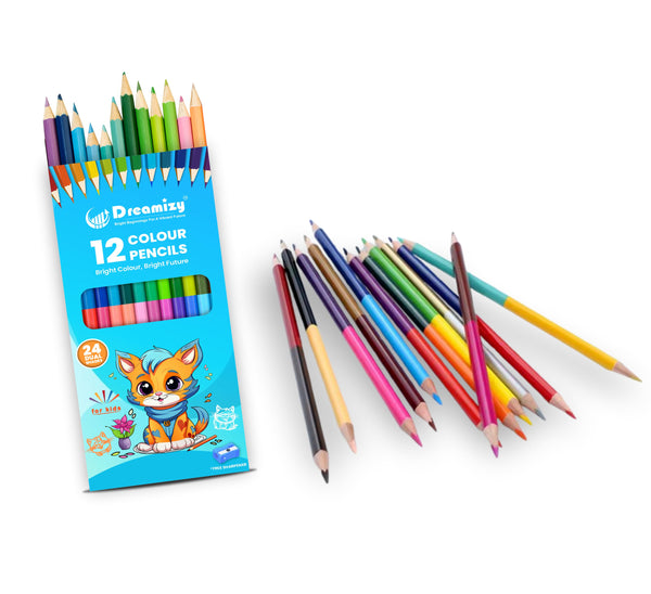 Dual Colour Pencils - 12 Pencils | 24 Shades with Sharpener & 12 Colours Plastic Crayons (Combo pack of 2 set - Multicolours)