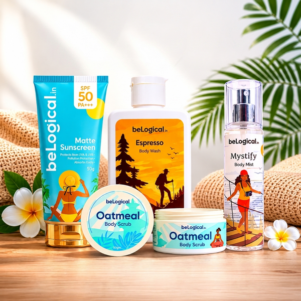 beLogical All Day Combo | Matte Sunscreen (SPF 50 PA+++) | Oatmeal Body Scrub | Espresso Body Wash | Mystify Body Mist